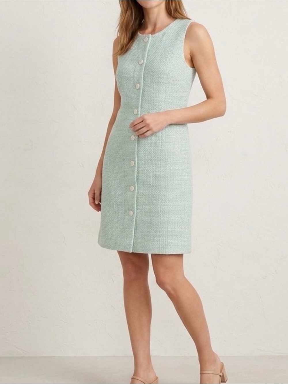 J. Crew Mint Boulce Sleeveless Tweed Shift Dress Button Front NWT Size 4